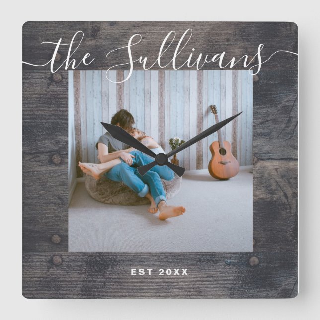 Rustic Custom Your Photo Wooden Script Wall Clock (Front)