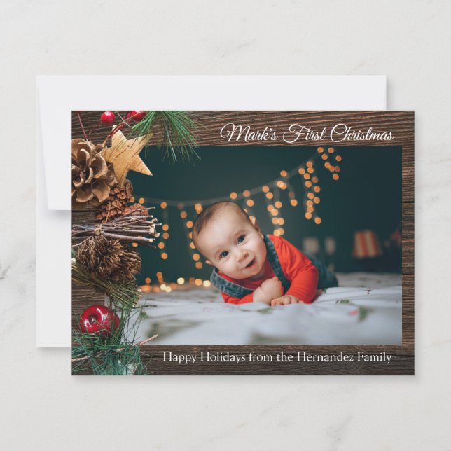 Rustic Cute Baby's First Christmas Holiday Photo (Front)
