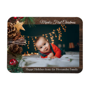 Rustic Cute Baby's First Christmas Holiday Photo Magnet