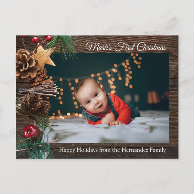 Rustic Cute Baby's First Christmas Holiday Photo Postcard (Front)