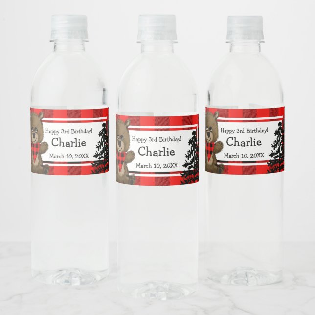 Rustic Cute Brown Bear Buffalo Plaid 3rd Birthday Water Bottle Label (Bottles)