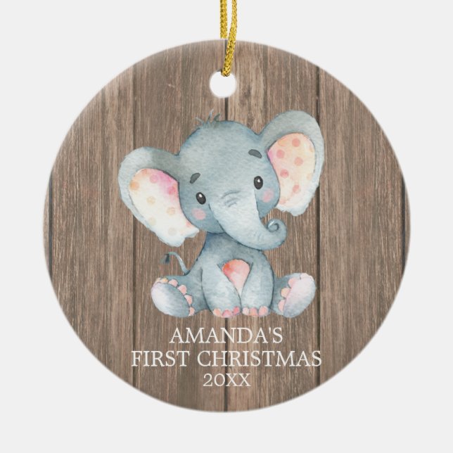 Rustic Cute Elephant Baby First Christmas Ceramic Tree Decoration (Front)