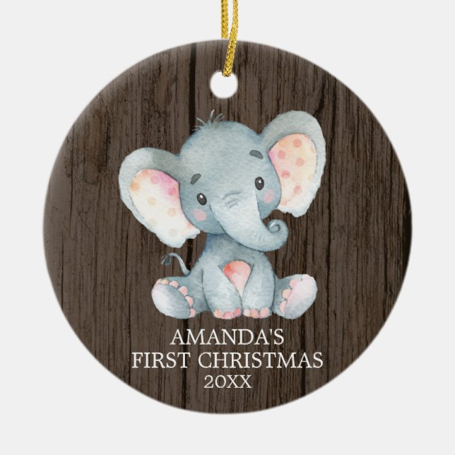 Rustic Cute Elephant Baby First Christmas Ceramic Tree Decoration (Front)