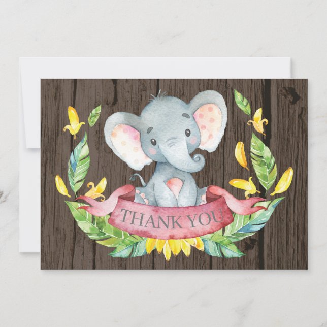 Rustic Cute Elephant Baby Girl Pink and Grey Thank You Card (Front)