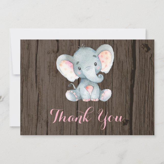 Rustic Cute Elephant Baby Girl Pink and Grey Thank You Card (Front)
