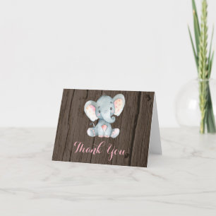 Rustic Cute Elephant Baby Girl Pink and Grey Thank You Card