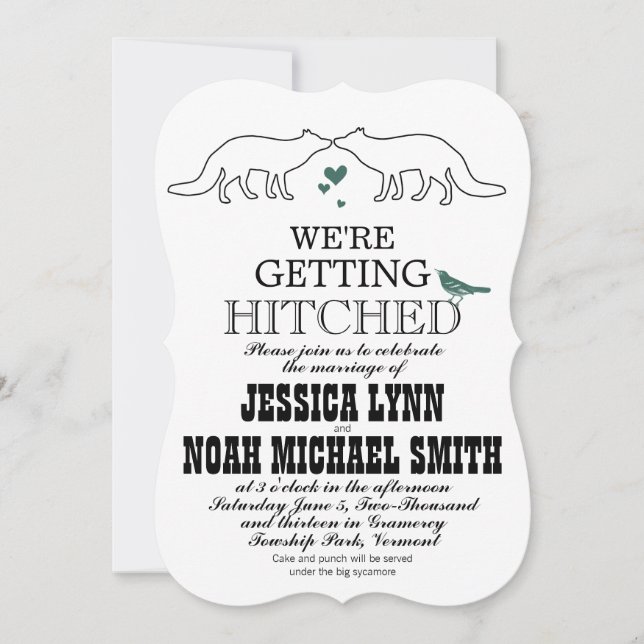 Rustic Cute Fox Romantic Green Hearts Wedding Invitation (Front)