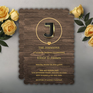 Rustic Cute Gold Heart Monogram Family Baby Shower Invitation