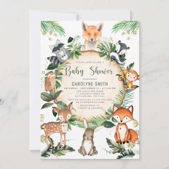  Rustic Cute Greenery Woodland Animal Baby Shower Invitation (Front)