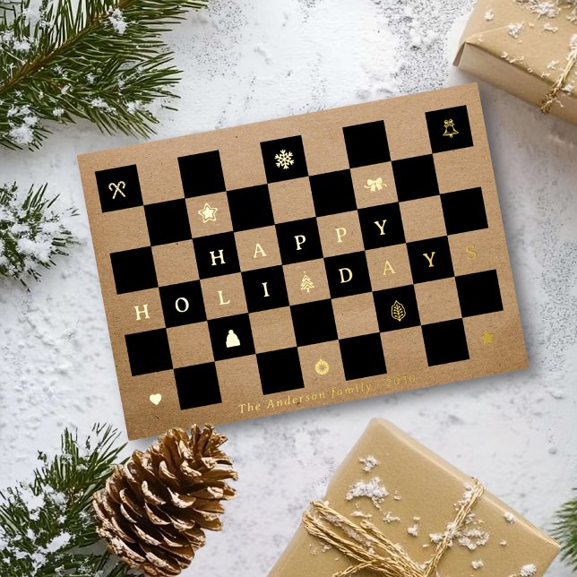 Rustic Cute Happy Holidays Christmas Chequerboard  Foil Holiday Card (Creator Uploaded)