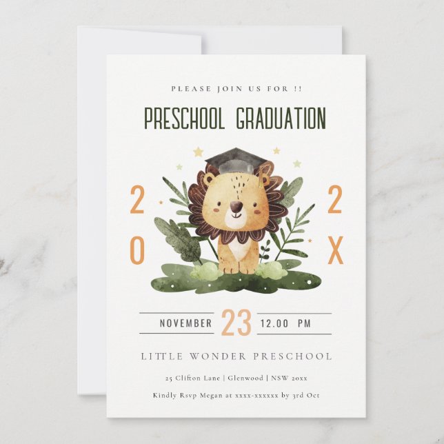 Rustic Cute Kids Lion Foliage Preschool Graduation Invitation (Front)