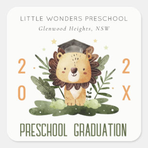 Rustic Cute Kids Lion Foliage Preschool Graduation Square Sticker
