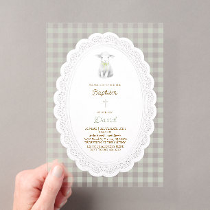 rustic cute lamb sage green gingham Baptism Acrylic Invitations