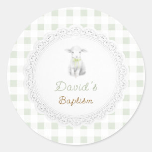 rustic cute lamb sage green gingham   Baptism  Classic Round Sticker