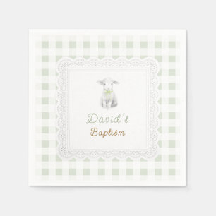 rustic cute lamb sage green gingham Baptism Napkin
