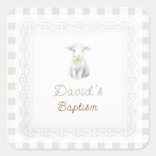 rustic cute lamb sage green gingham   Baptism  Square Sticker