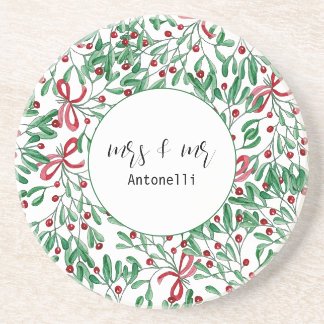 Rustic Cute Mistletoe Watercolor Hand-painted Coaster (Front)