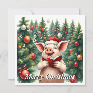 Rustic Cute Nice Pig Winter Pine Trees Caroling  Holiday Card