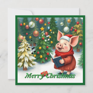 Rustic Cute Nice Pig Winter Pine Trees Caroling  Holiday Card