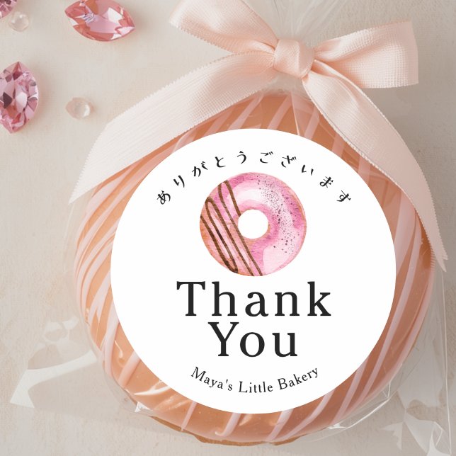 Rustic Cute Pink Doughnut Bakery Thank You Classic Round Sticker (Creator Uploaded)