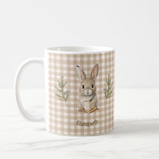 Rustic Cute Rabbit Brown Gingham Personalized Coffee Mug (Left)