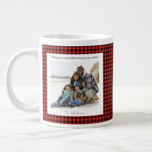 Rustic Cute Red Plaid Monogram 2 Photo Christmas Large Coffee Mug (Left)