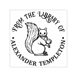 Rustic Cute Squirrel with Nut Library Book Name Self-inking Stamp