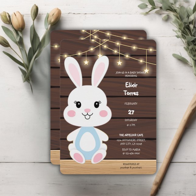Rustic Cute White Bunny Baby Shower Invitation (Creator Uploaded)