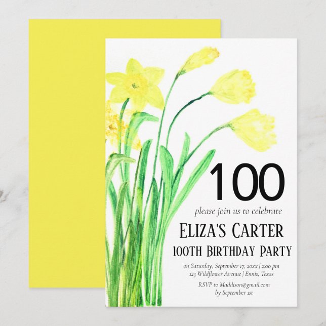 Rustic Daffodil 100th Floral Elegant Birthday  Invitation (Front/Back)
