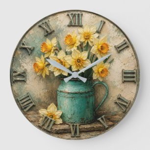 Rustic Daffodil Vintage Turquoise Milk Can Floral Large Clock