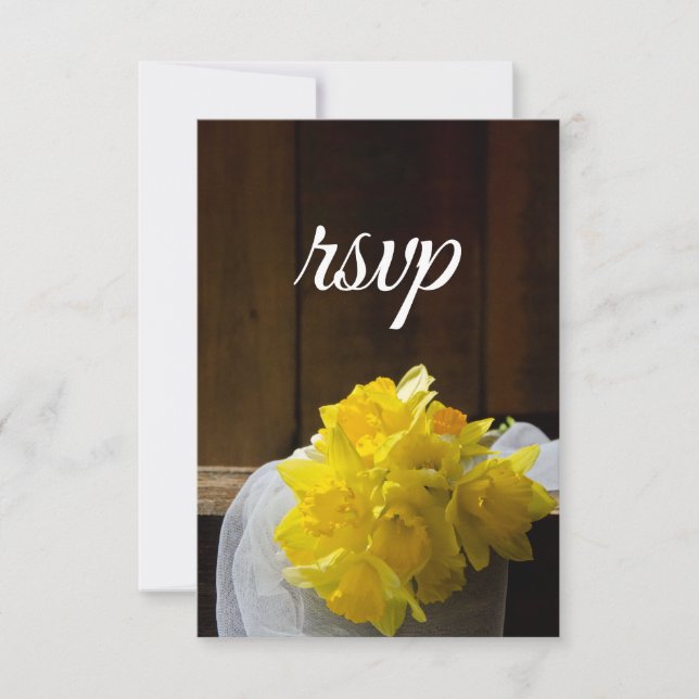 Rustic Daffodils and Barn Wood Spring Wedding RSVP Card (Front)