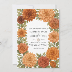 Rustic Dahlia Earthy Fall Tones Watercolor Wedding Invitation