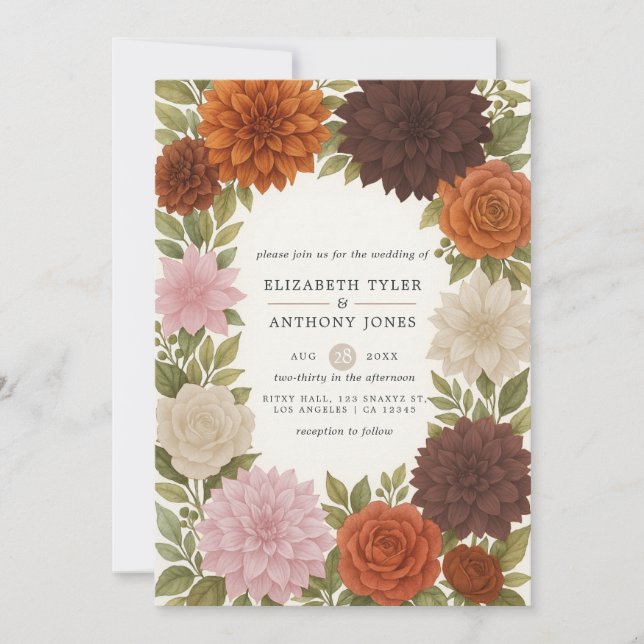 Rustic Dahlia Earthy Fall Tones Watercolor Wedding Invitation (Front)