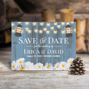 Rustic Daises & Lantern Dusty Blue Save the Date Announcement Postcard