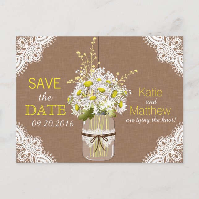 Rustic Daisies and Lace Save the Date Announcement Postcard (Front)