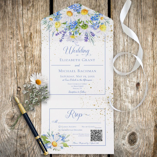 Rustic Daisies & Blue Floral Bouquet QR Code All In One Invitation (Creator Uploaded)