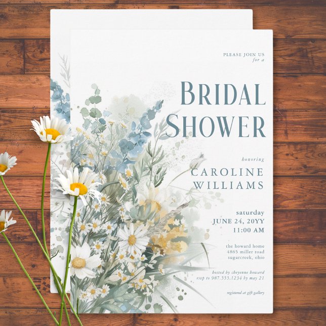 Rustic Daisies & Dusty Blue Floral Bridal Shower Invitation (Rustic Daisies & Dusty Blue Floral Bridal Shower Invitation)