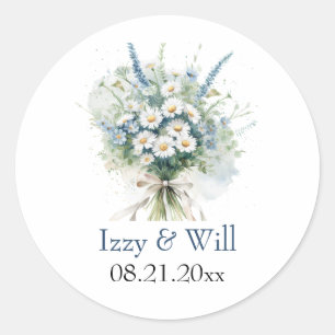 Rustic Daisies & Faded Blue Denim Wildflowers Classic Round Sticker