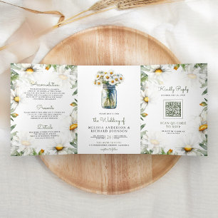 Rustic Daisies Floral Mason Jar QR Code Wedding Tri-Fold Invitation