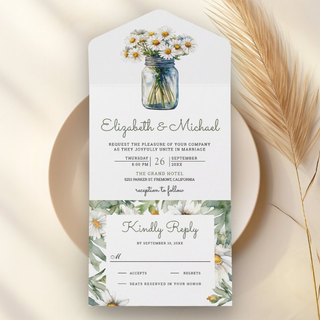 Rustic Daisies Floral Mason Jar Wedding All In One Invitation (Creator Uploaded)