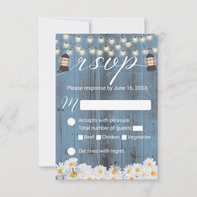 Rustic Daisies & Lantern Dusty Blue Wedding RSVP (Front)
