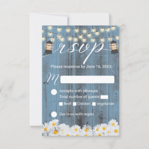 Rustic Daisies & Lantern Dusty Blue Wedding RSVP Card