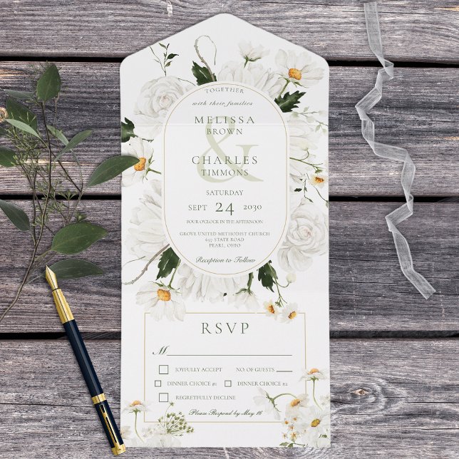 Rustic Daisies & White Flowers Dinner All In One Invitation (Creator Uploaded)