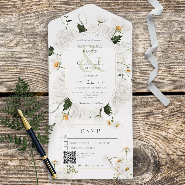 Rustic Daisies & White Flowers QR Code All In One Invitation (Creator Uploaded)