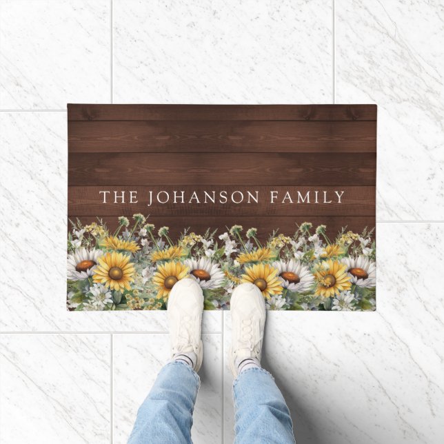 Rustic Daisies Wood Family Name Doormat (Indoor)