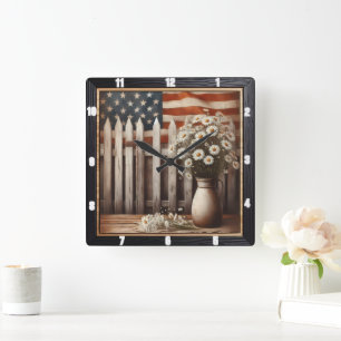 Rustic Daisy American Flag Farmhouse Square Wall Clock