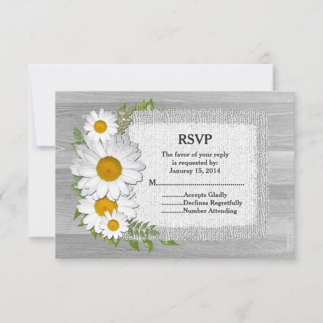 Rustic daisy burlap barn wood wedding RSVP daisy2 Card (Front)