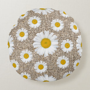 Rustic Daisy Burlap - Farmhouse Floral Round Cushion