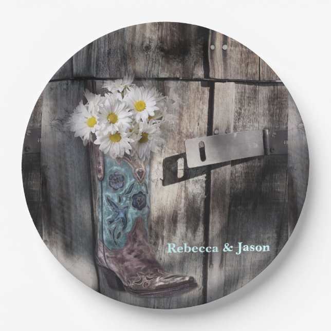 rustic daisy cowboy boot western country  wedding paper plate (Front)