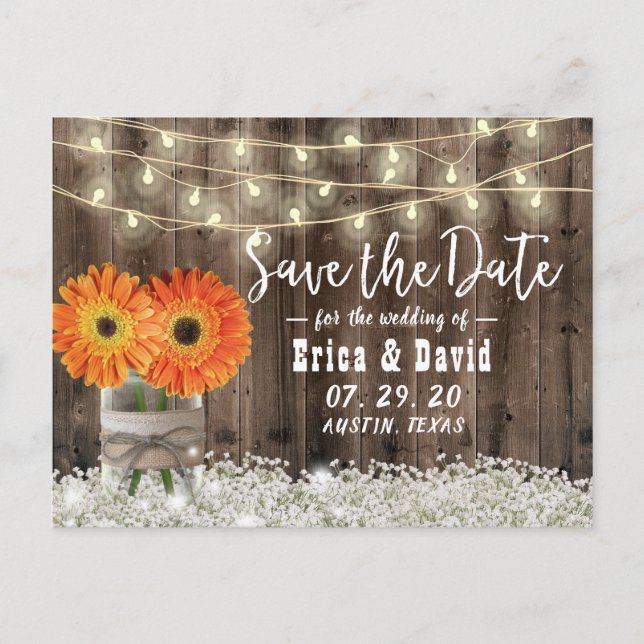 Rustic Daisy Floral Jar Wedding Save the Date Announcement Postcard (Front)